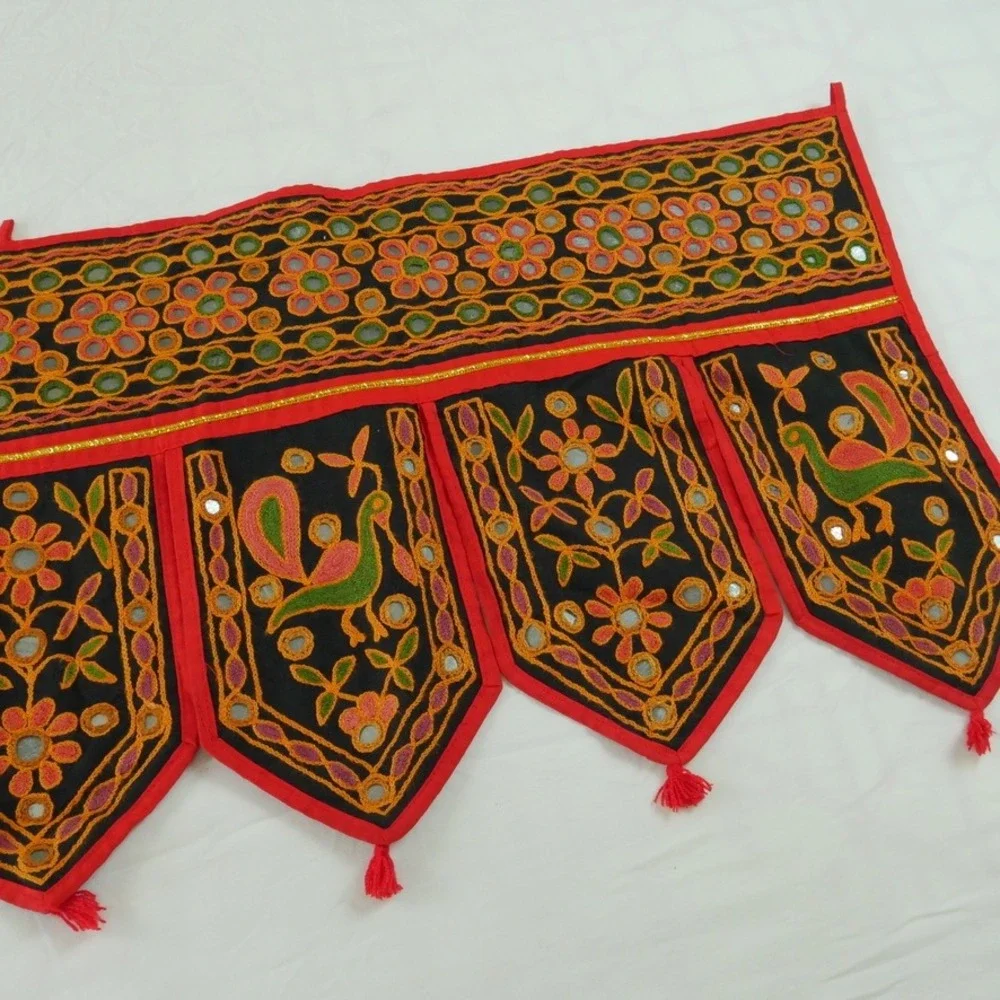 Vintage Indian Toran Door Hanging Shisha Mirror Peacock Embroidery Whimsical
